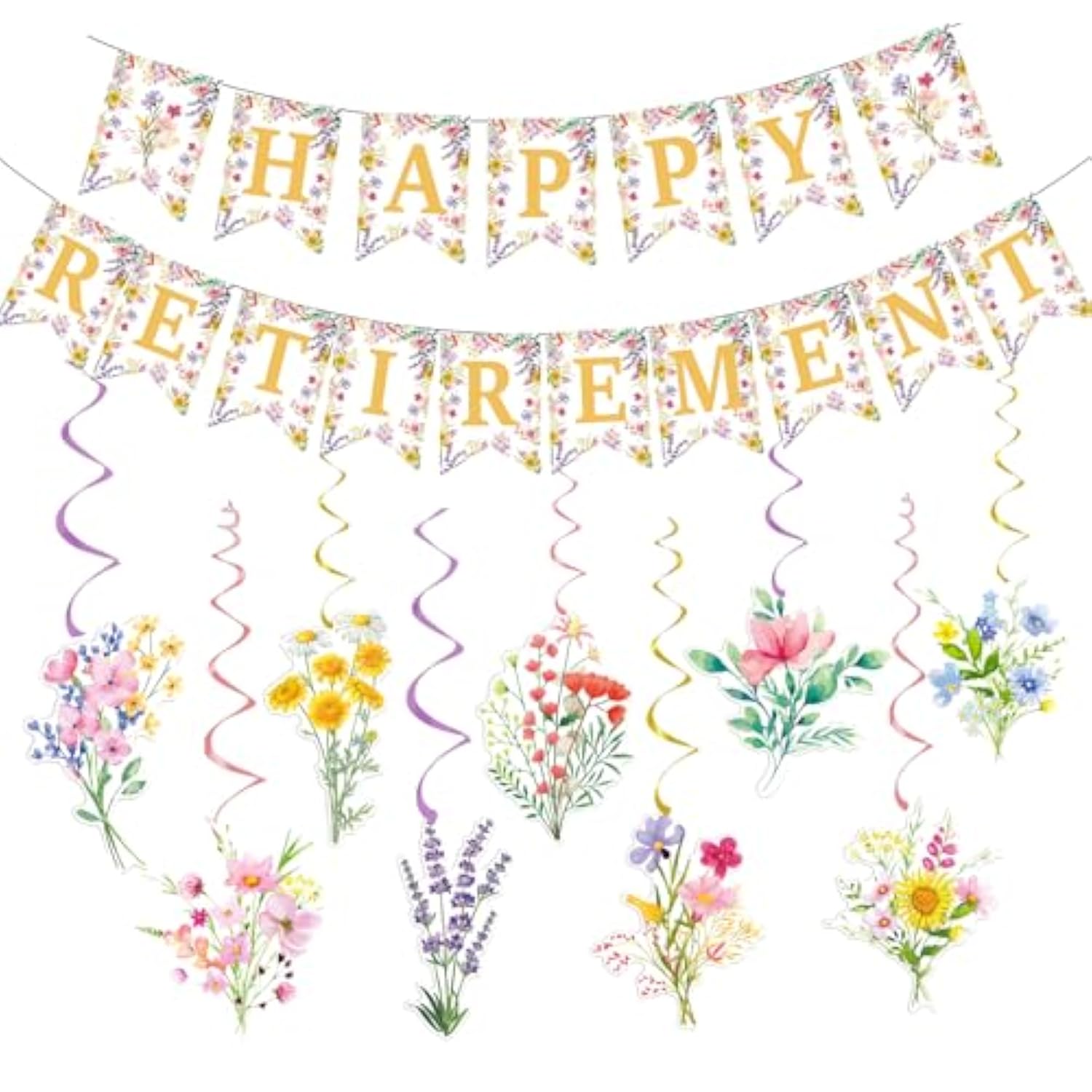 Wildflower Retirement Decor for Women with Gold Banner & Floral Swirls