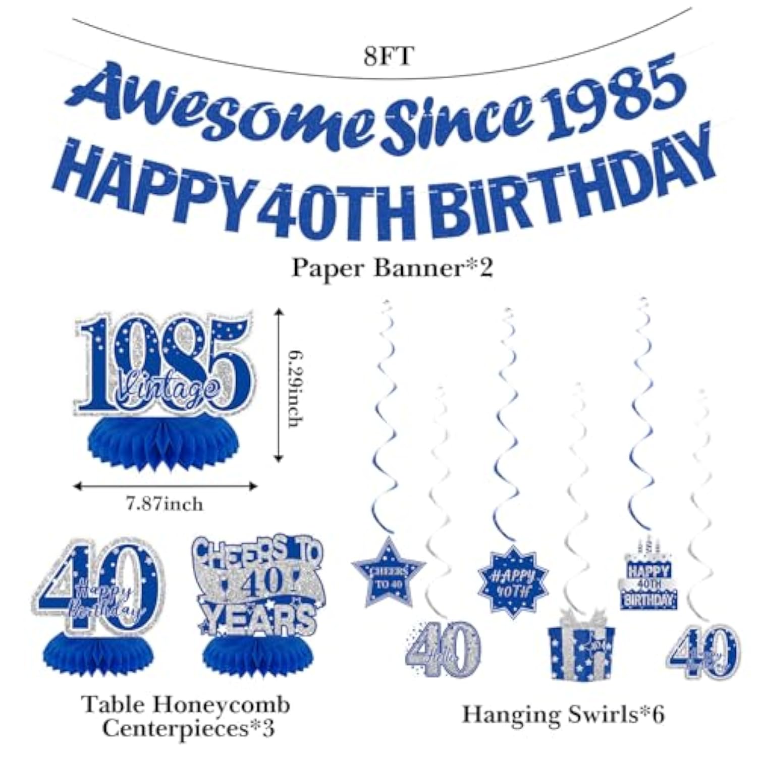 Blue 40Th Birthday Decorations For Men Or Women - Happy 40Th Birthday Banner, 1985 Honeycomb Centerpieces And Hanging Swirls For 40 Years Old Party Supplies
