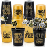 24 Pcs 16 Oz Black Gold 2026 New Year Cups with Paper Straws for Party Celebrations