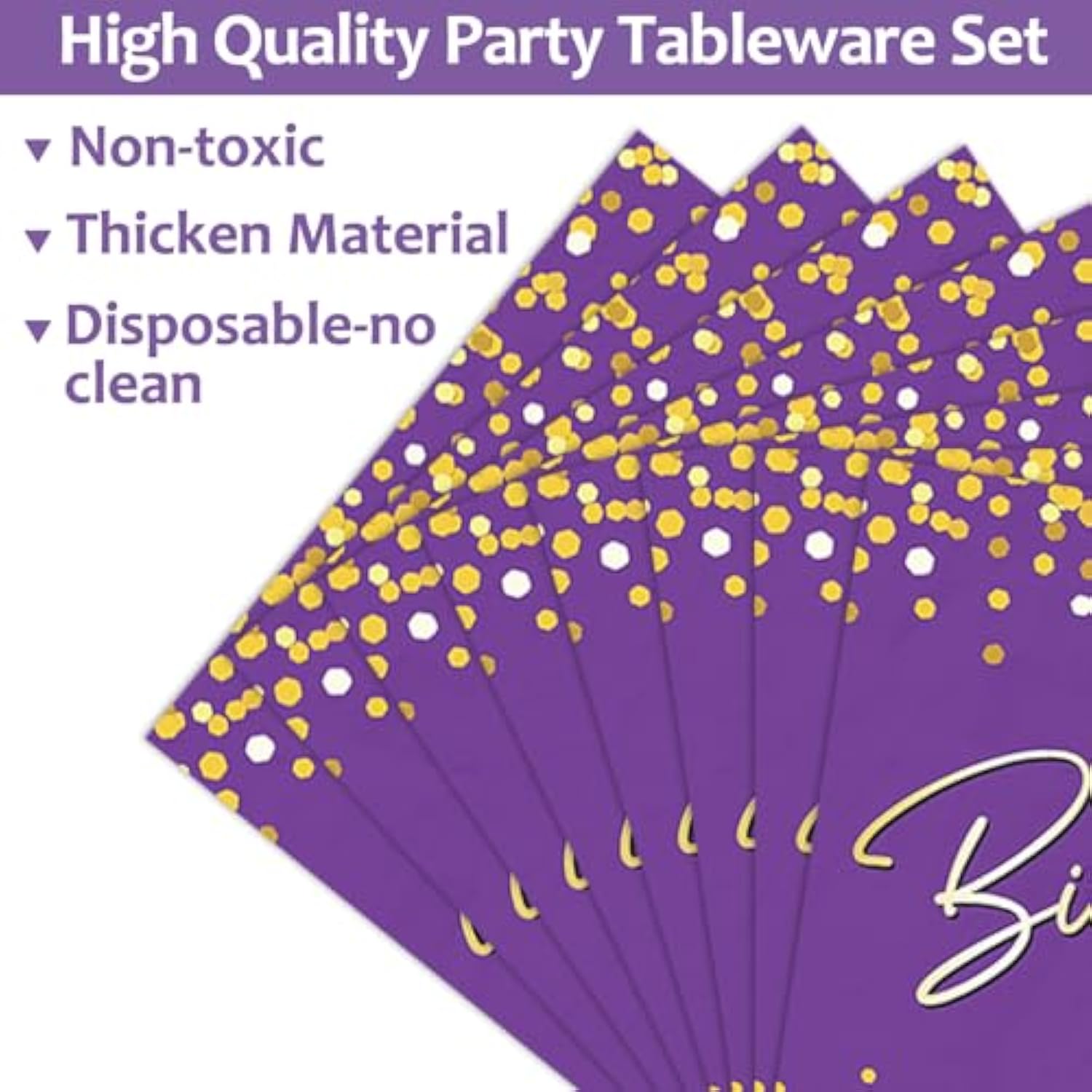 96Pcs Purple Gold Party Plates And Napkins - Happy Birthday Party Decorations - Disposable Tableware Set For 24 Guests