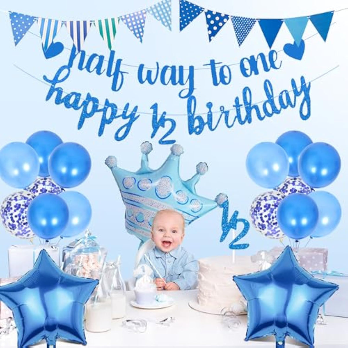 "Halfway to One" Banner – 20 Pcs Blue 6-Month Birthday Set for Baby Boy Party