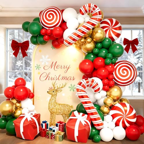 148pcs Red Green White Gold Christmas Balloon Garland Arch Kit with christma Candy Can, Gift Box Foil Balloons for Xmas Decorations Kids Birthday New Year Decor Christmas Party Decorations