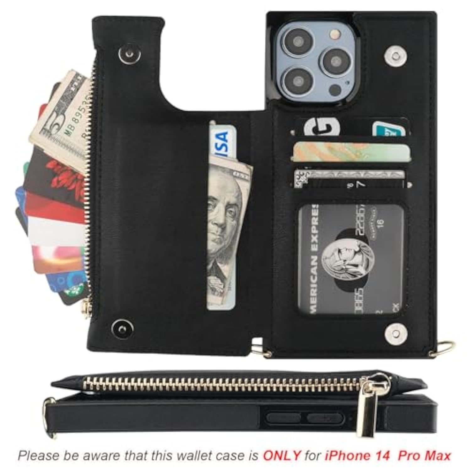 iPhone 14 Pro Max Crossbody Wallet Case RFID PU Leather Black 6.7in