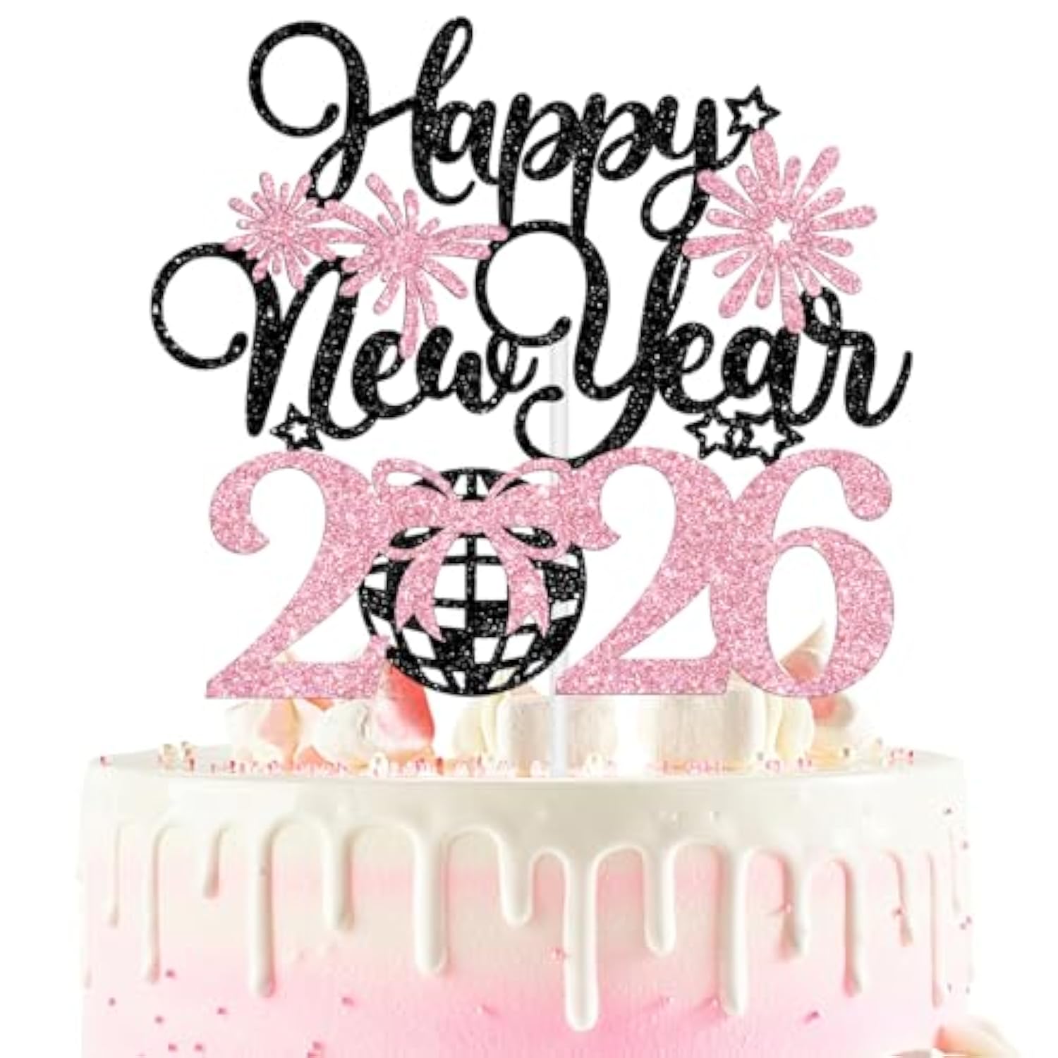 Happy New Year 2026 Cake Topper Black Pink Glitter for Holiday Party