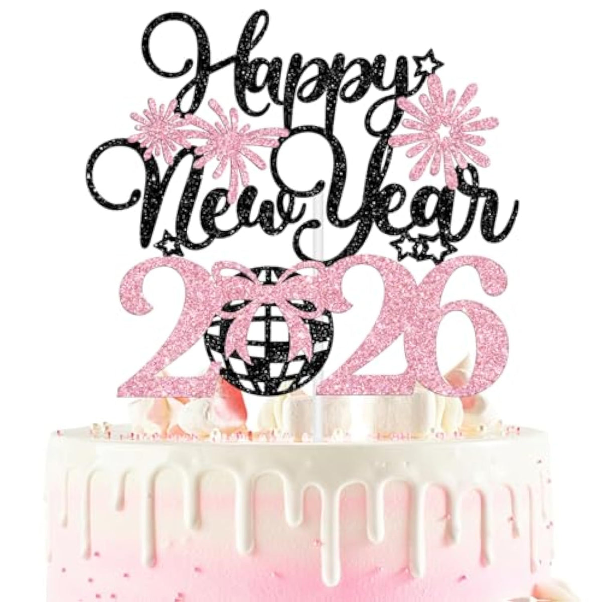 Happy New Year 2026 Cake Topper Black Pink Glitter for Holiday Party