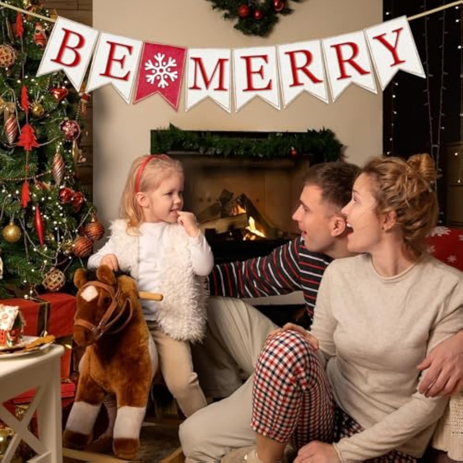 Christmas Burlap Banner Be Merry Banner Pre-Assembled Red White Xmas Bunting Garland Celebration Hanging Decorations For Holiday Home Decoration