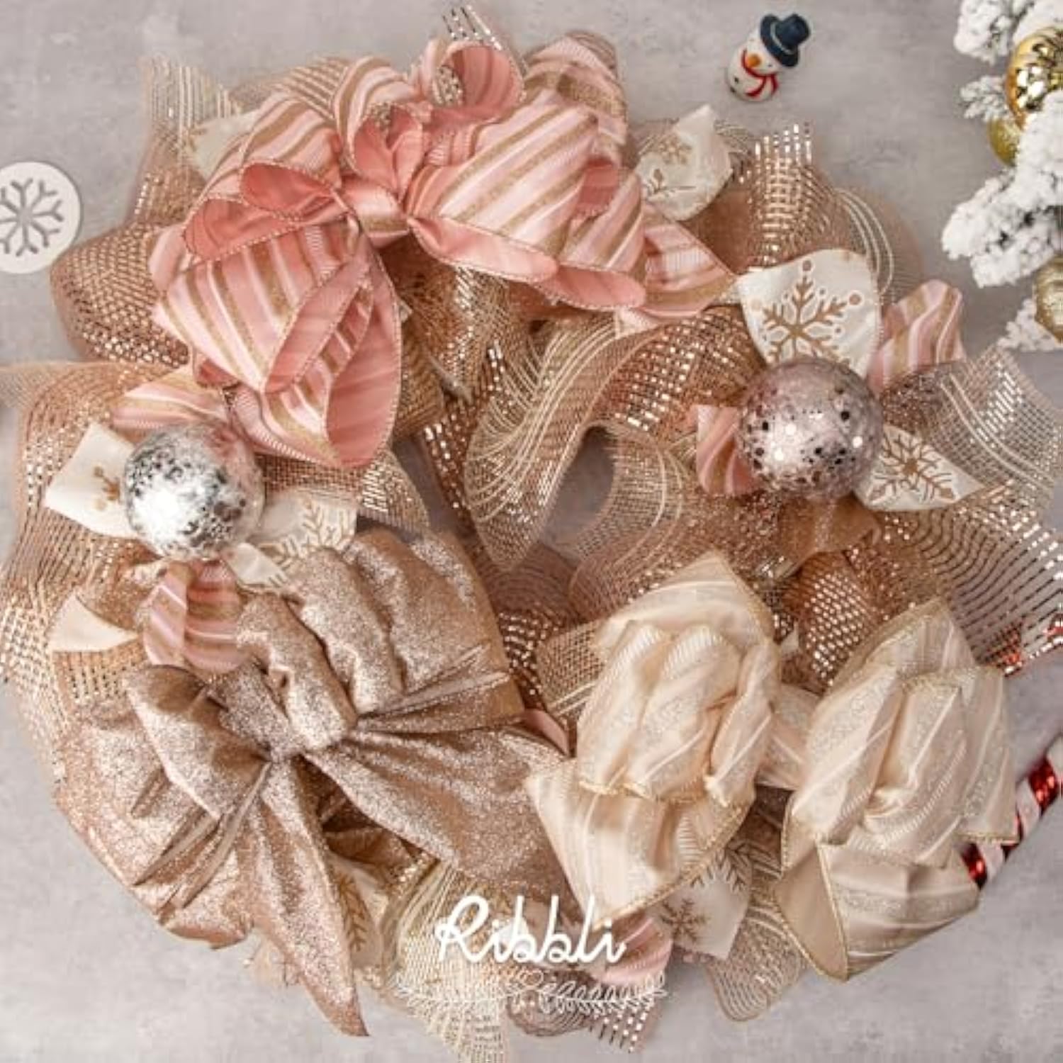 Rose Gold Snowflake Wired Ribbon,Ivory Satin With Big Glitter Snowflake Christmas Ribbon For Wreath Chritmastree Decoration Gift Wrapping Home Decor, 2-1/2 Inch X 10 Yards