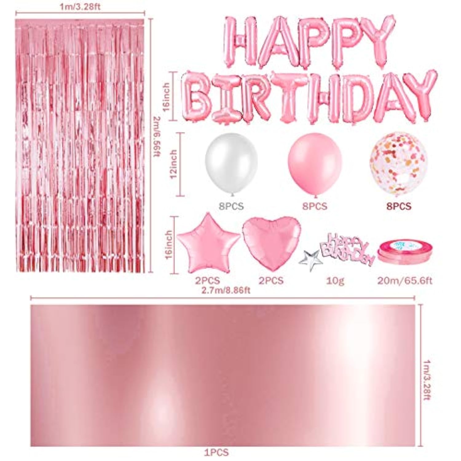 33pcs Pink Birthday Decor Set with Banner, Fringe Curtain, Balloons & Confetti