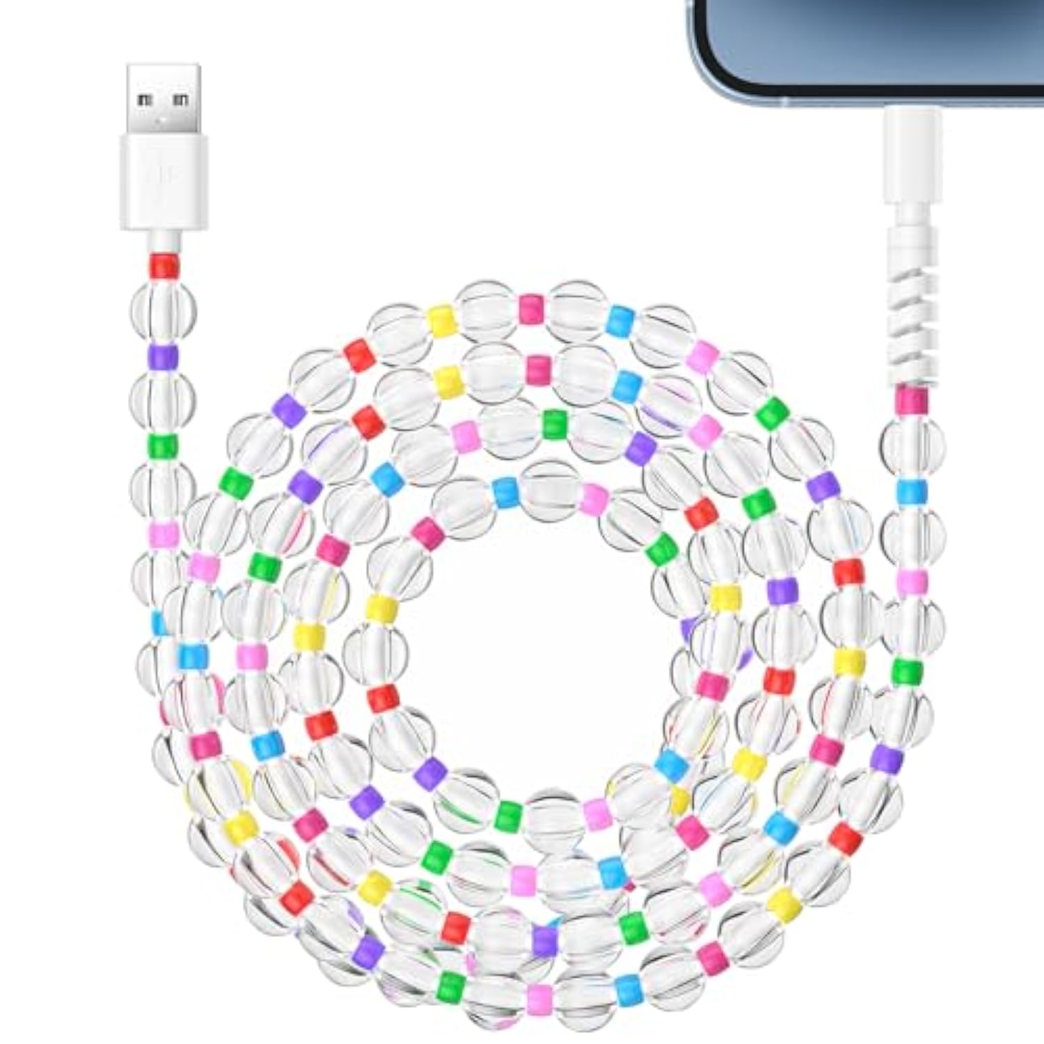For Iphone Charging Cable 66W Beaded Phone Charger Cable [Mfi Certified] 6.6Ft/2M Long Fast Charger Cord Cute Usb A Charging Cord For Iphone 14 13 12 11 Pro Max 8 Plus For Ipad Pro Transparent