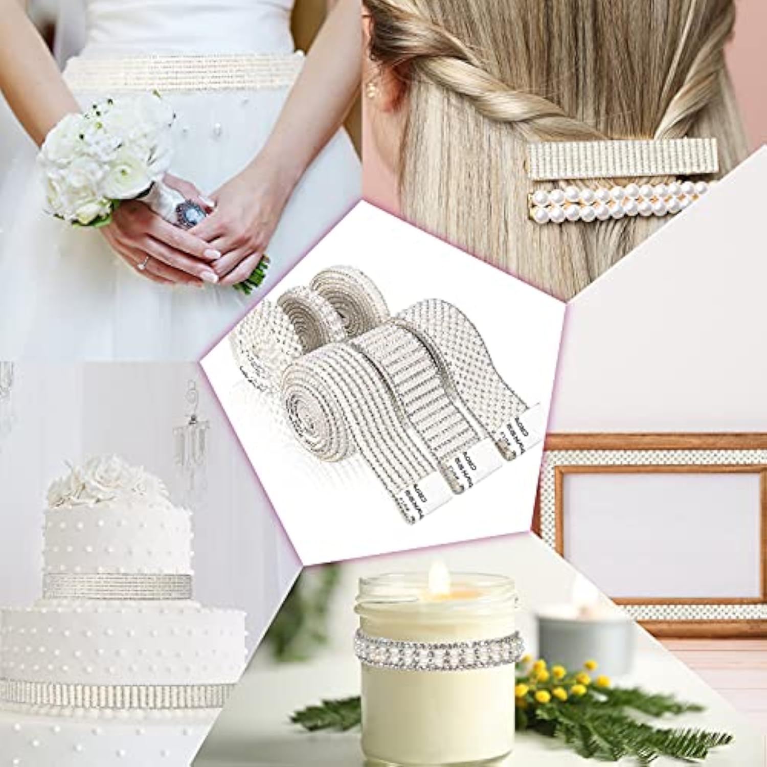 6 Rolls 5.28 Yards Pearl Diamond Ribbon Self Adhesive Rhinestone Ribbo