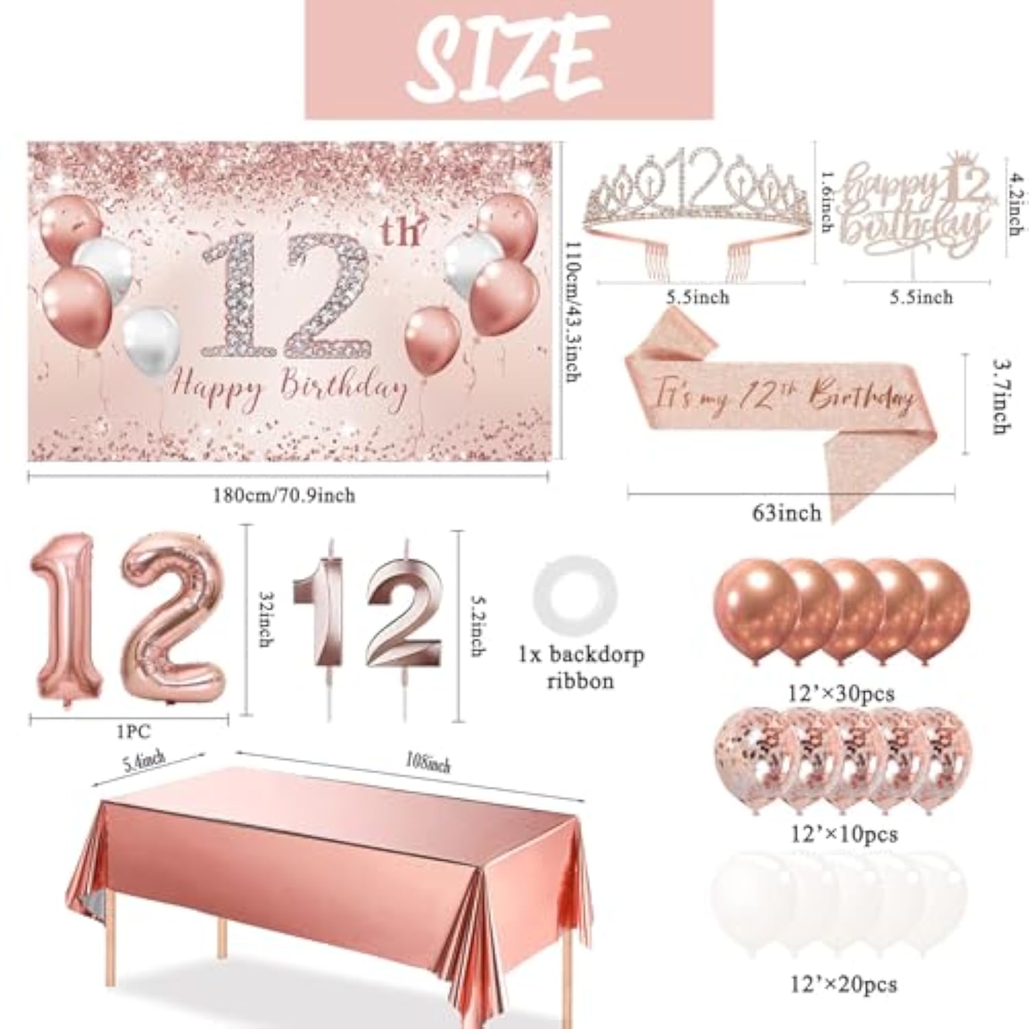 12Th Birthday Decorations Balloon Set Women'S Arch, Rose Gold 12Th Birthday Banner And Party Tablecloth, Belt And Tiara, Pink Gold 12Th Balloon, Pink Birthday Cake Top, Latex Balloon * 60