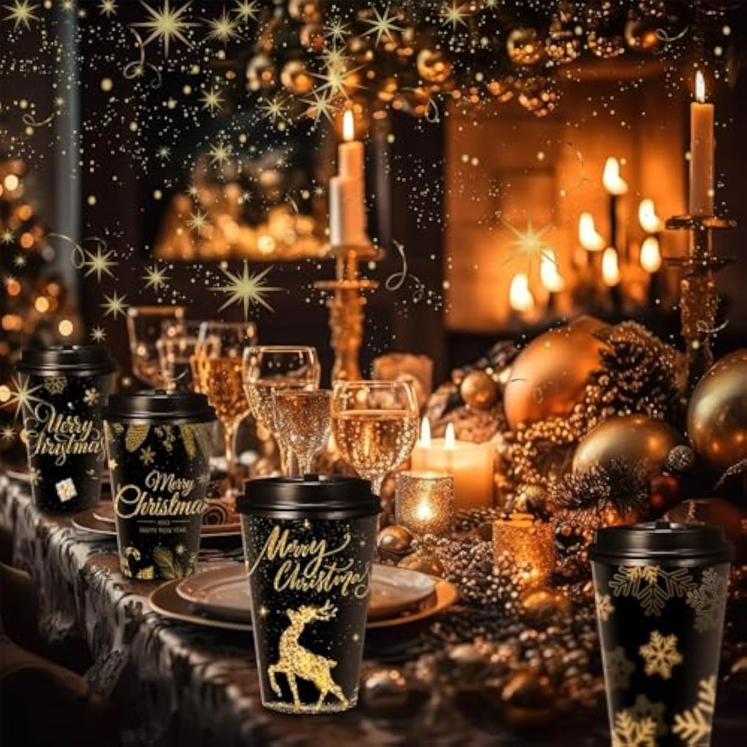 50 Pack 16 Oz Christmas Coffee Cups Bulk Black Gold Snowflake Disposable Cups Merry Christmas Paper Cups With Lids Straws Elk Paper Drinking Cups For Kids Christmas Birthday Party Supplies