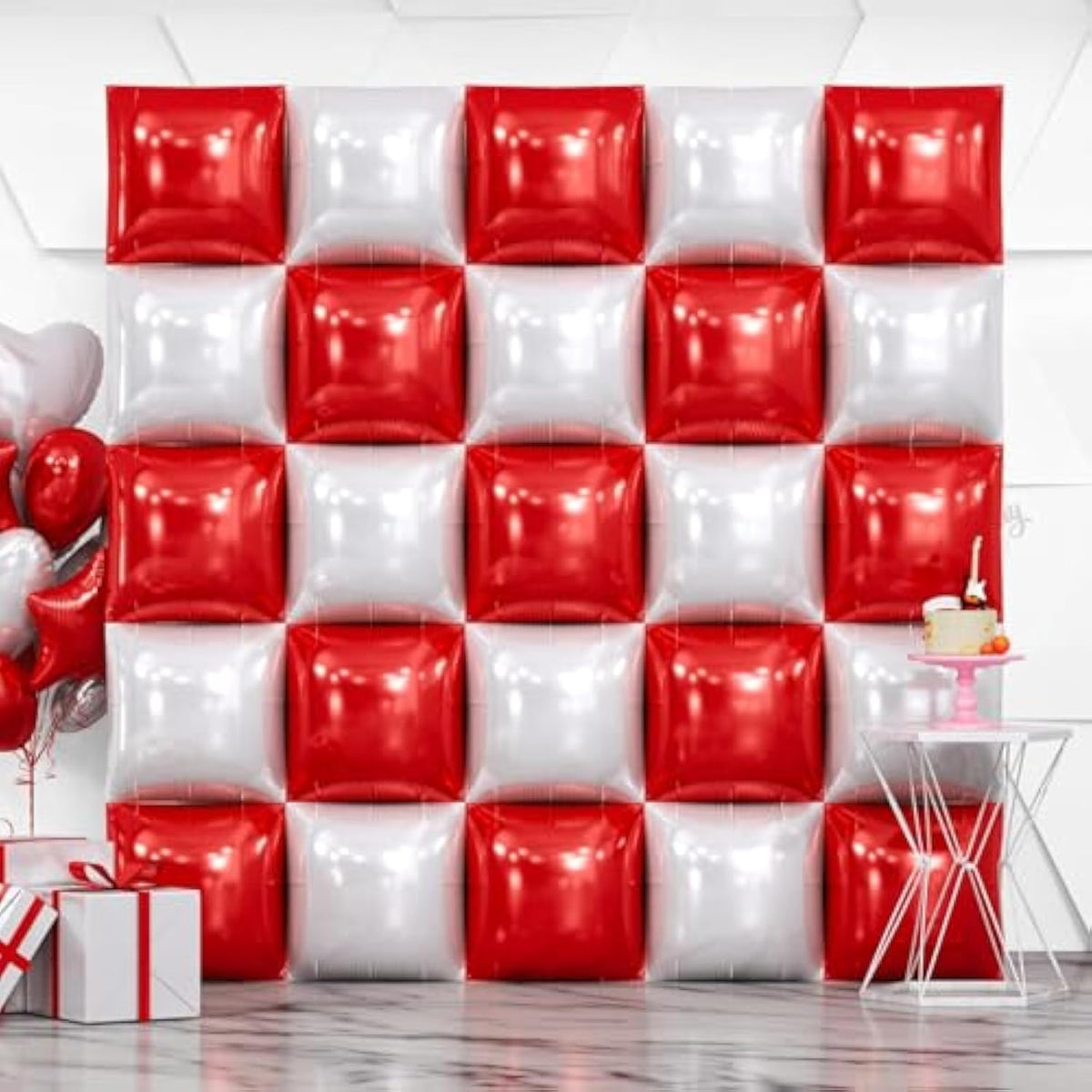 25Pcs Red White Square Foil Balloons Wall Double Backdrop Sided Red Pearl White Balloon Tunnel Arch Kit For Christmas Birthday Valentine'S Day Baby Shower Wedding Party Decorations