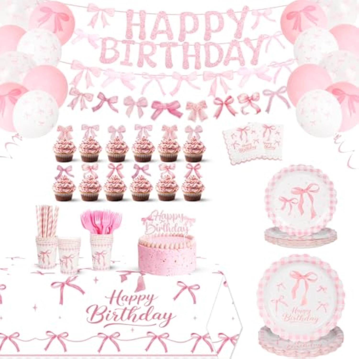 192Pcs Pink Bow Party Supplies,Coquette Birthday Decorations, Include Plates Napkins Cups Cake Top Banner Tablecloth Balloons Bow Theme Tableware For Girls Birthday Party Decor,Serve 24