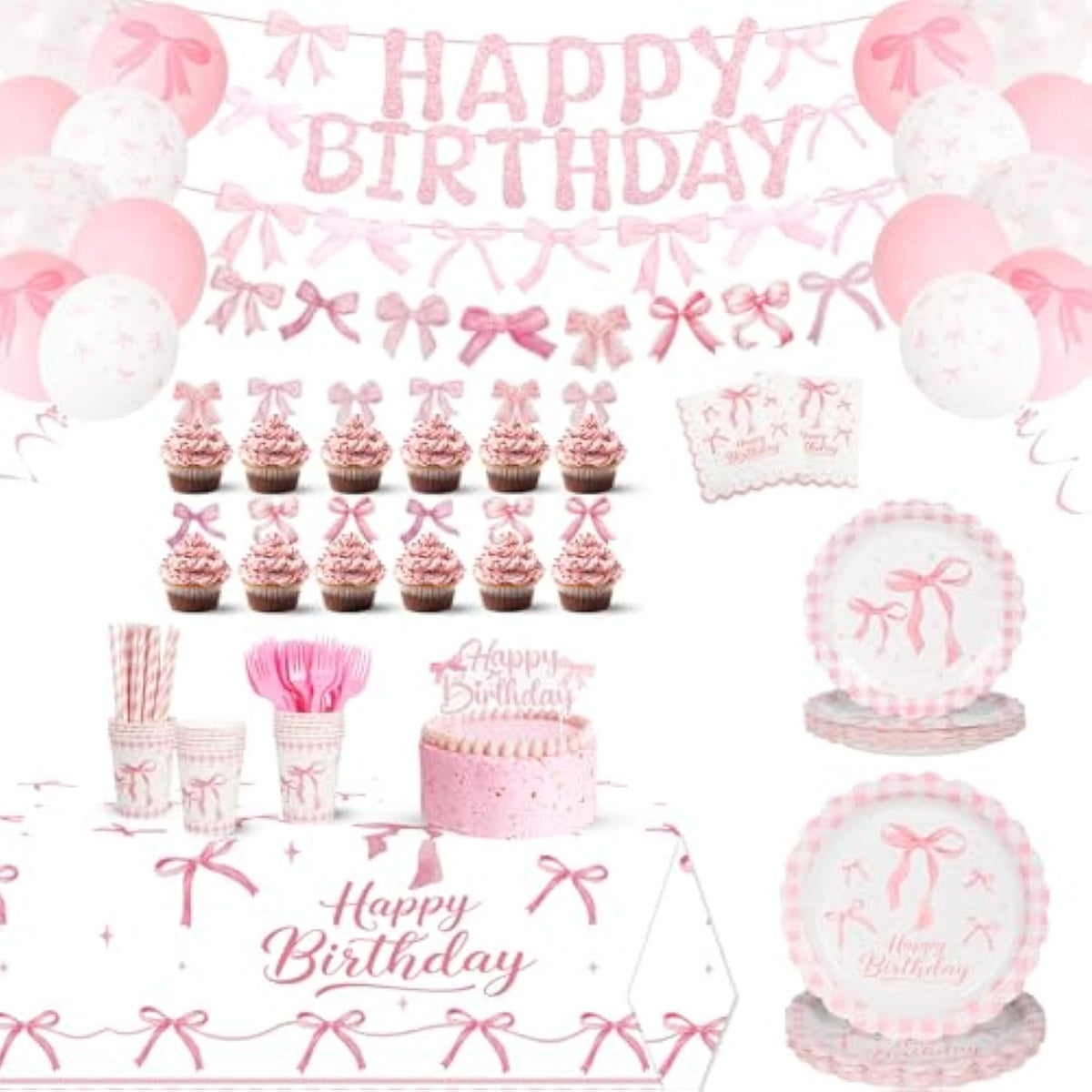 192Pcs Pink Bow Party Supplies,Coquette Birthday Decorations, Include Plates Napkins Cups Cake Top Banner Tablecloth Balloons Bow Theme Tableware For Girls Birthday Party Decor,Serve 24