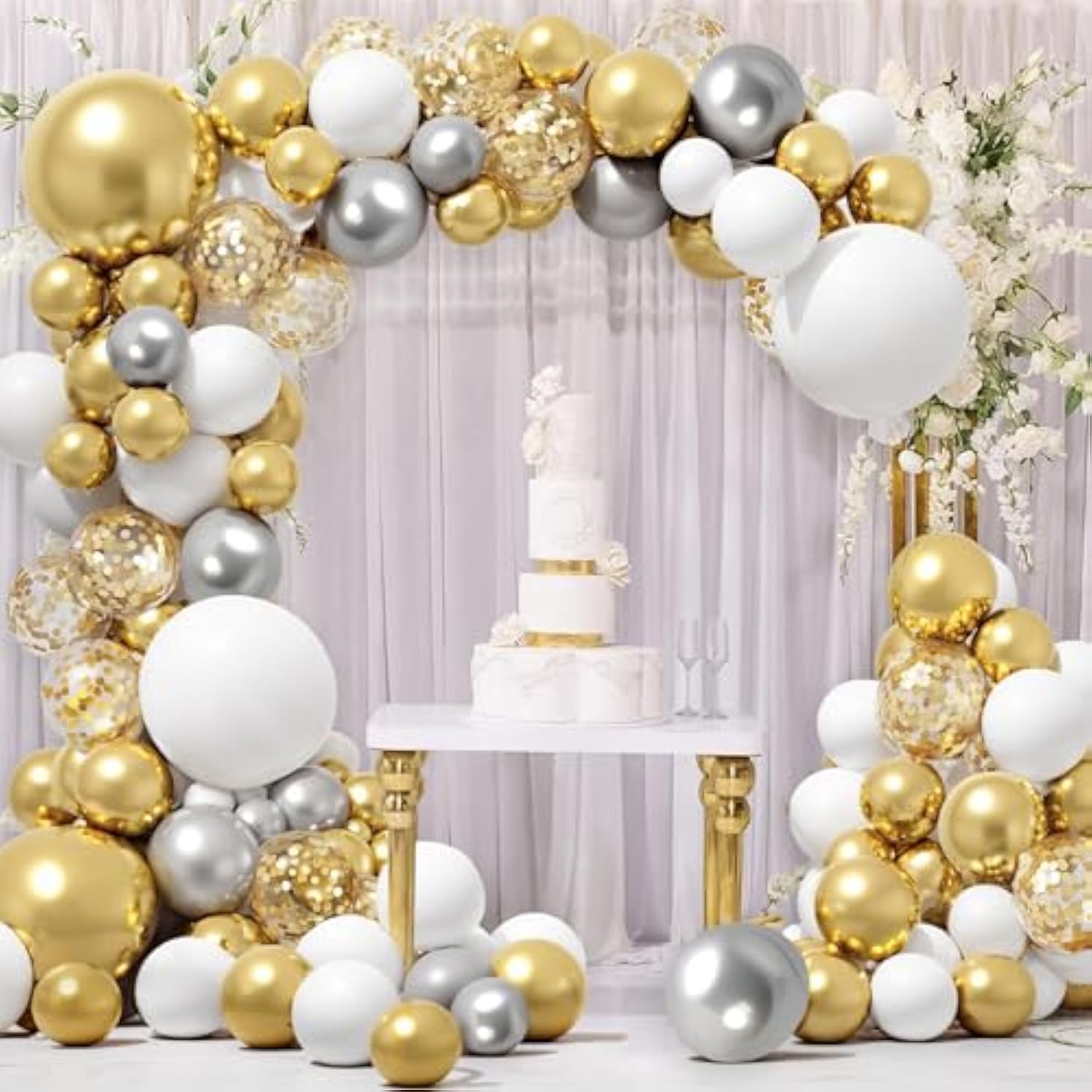 80 Pcs Gold Silver Latex Balloons Garland Arch Set White Confetti Balloon Different Sizes For Wedding Birthday Graduation Baby Shower Bachelorette Engagement Anniversary Party Decorations