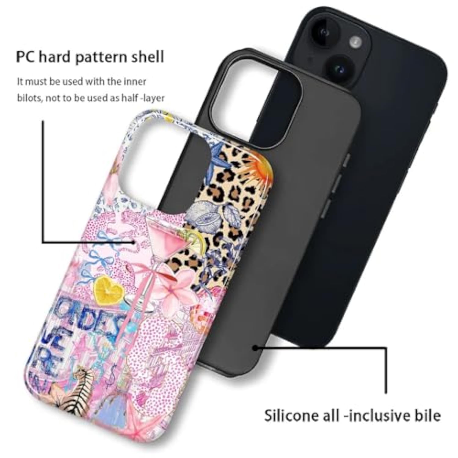 Cute iPhone 13 14 Case, Aesthetic Dual Layer Shockproof Phone Cover for Women Girls, Pink Blue Leopard Collage