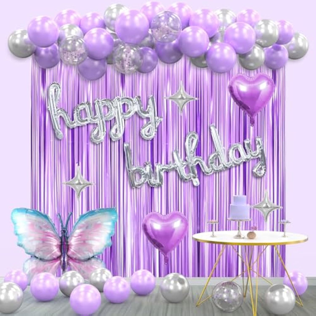 Purple Birthday Party Decorations For Girls Women, Lavender Purple And Sliver Butterfly Party Decor Set Including Happy Birthday Banner, Balloons Arch Kit ,Fringe Curtain Background