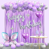 Purple Birthday Party Decorations For Girls Women, Lavender Purple And Sliver Butterfly Party Decor Set Including Happy Birthday Banner, Balloons Arch Kit ,Fringe Curtain Background