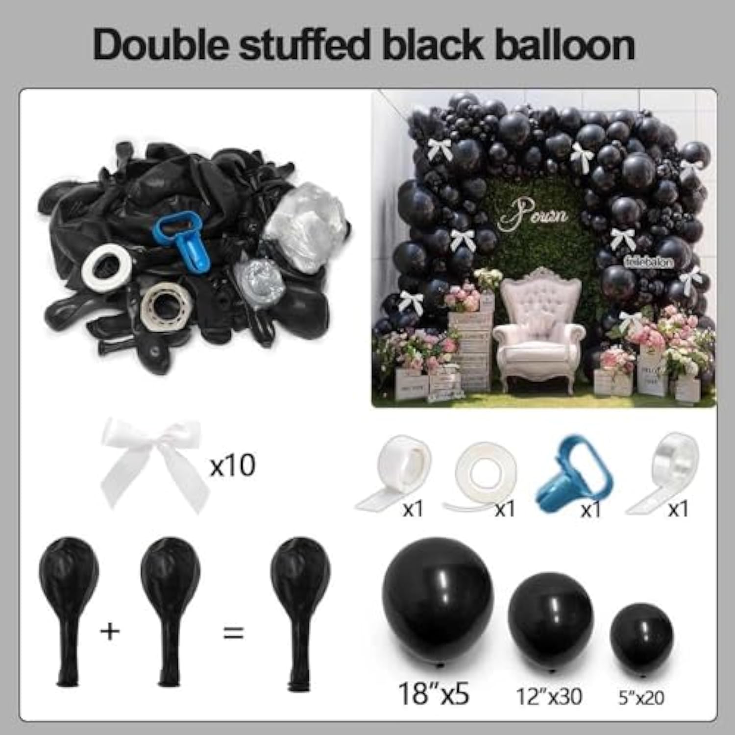 Double Stuffed Black Balloons Various Sizes Arch Garland Kit With White Bow