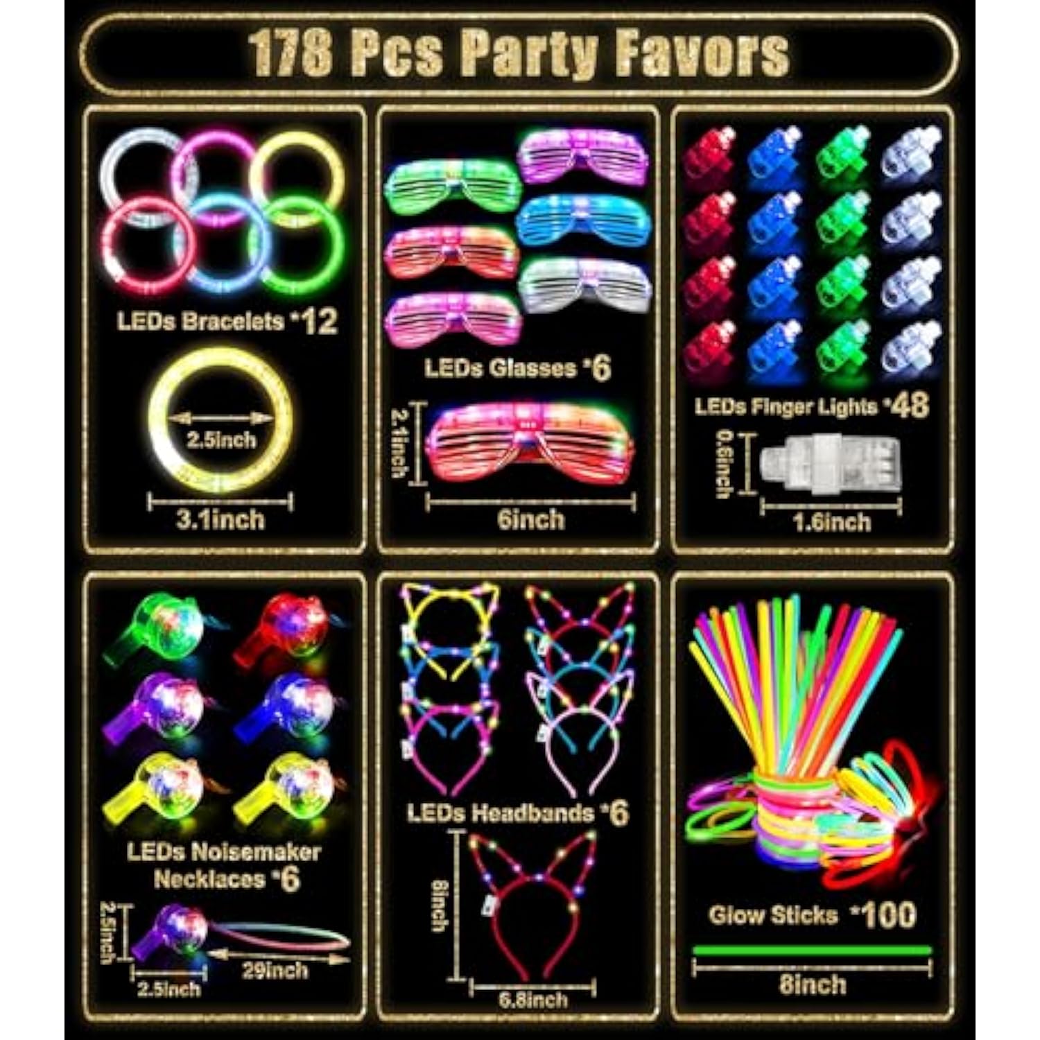 178 Pcs 2026 Glow In Dark New Year Party Kit with LED Glasses, Bracelets, and Necklaces