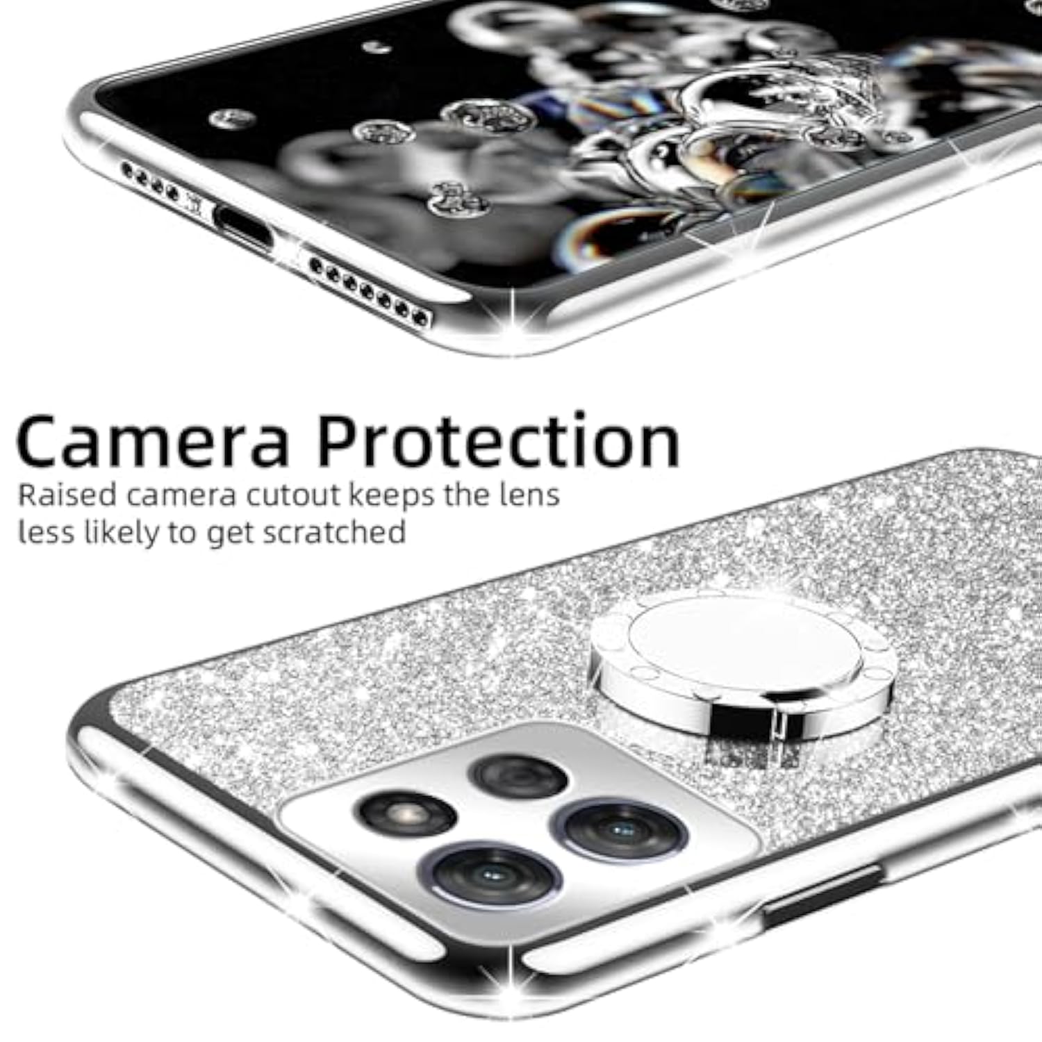 For Motorola Moto G Power 5G 2025 Phone Case (6.8-Inch) With Ring Stand Lanyard Girls Women Men Cute Soft Tpu Glitter Shockproof Protection Cover - Silver