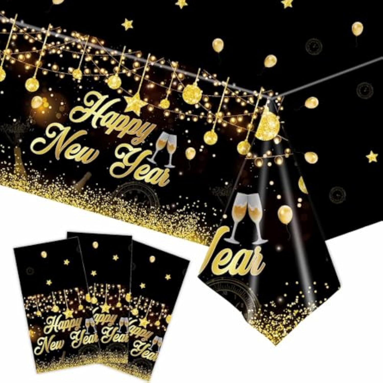 3 Pcs 2026 New Year Table Covers Black Gold Plastic 108x54 Inch for Party Decor