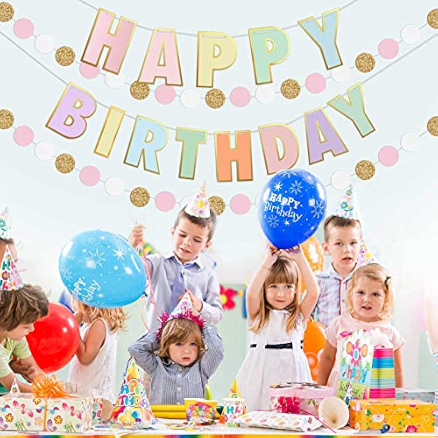 Pre-Strung Pastel Happy Birthday Banner & Dot Garland for Toddler Girls Party