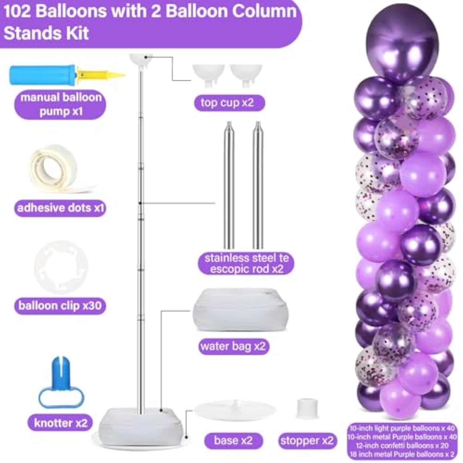 2 Sets Purple Balloon Column Stand Kit With 100 Balloons Lavender Adjustable Balloon Tower Stand With Bases For Floor Purple Confetti Balloon Column Kit For Christmas Birthday Holiday New Year