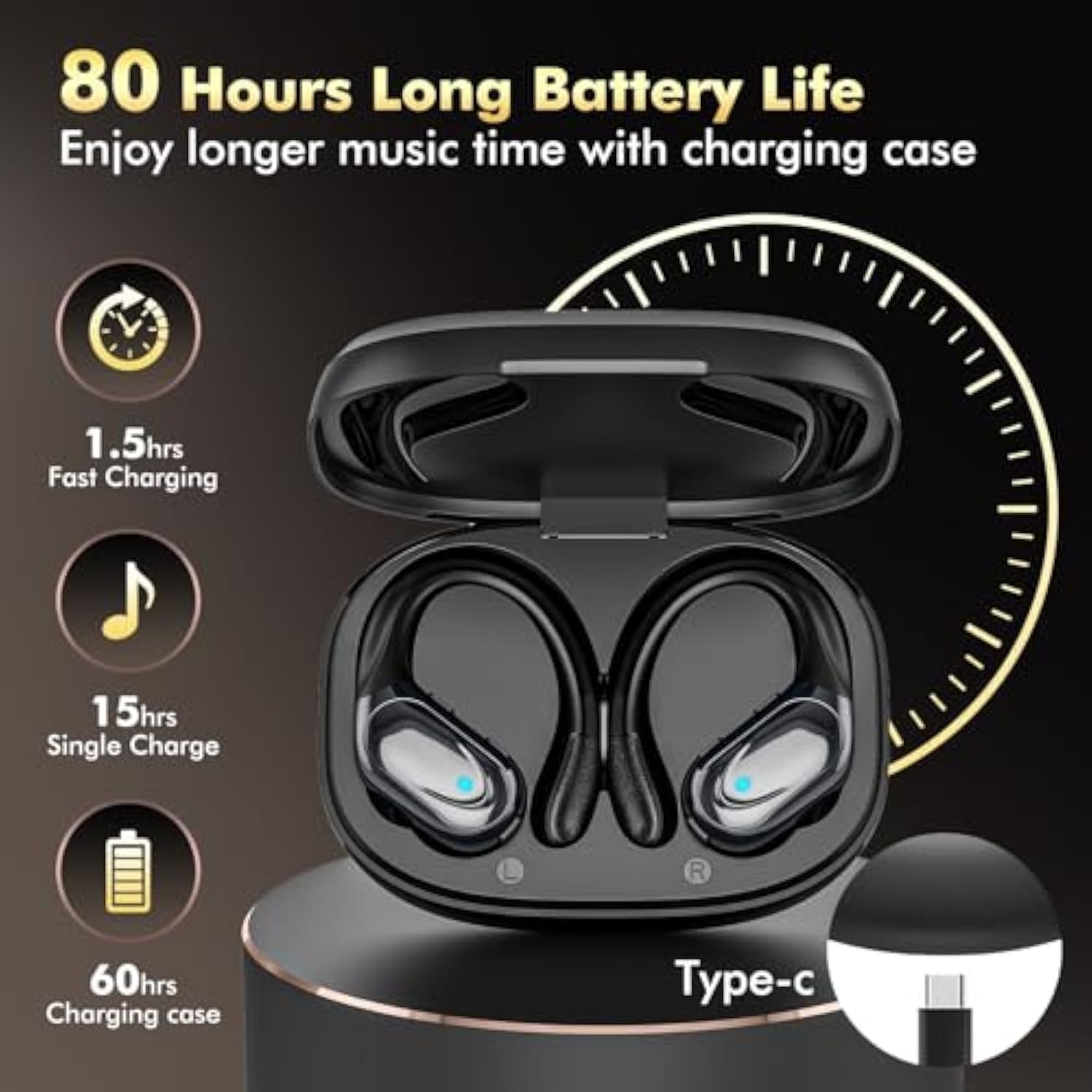 Wireless Earbuds Bluetooth Headphones 80Hrs Playback Ear Buds Power Display With Noise Canceling Mic Headsets For Sports/Workout/Running Black