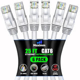 Maximm Cat 6 Ethernet Cable 25 Ft, (6-Pack) Cat6 Cable, LAN Cable, Internet Ca