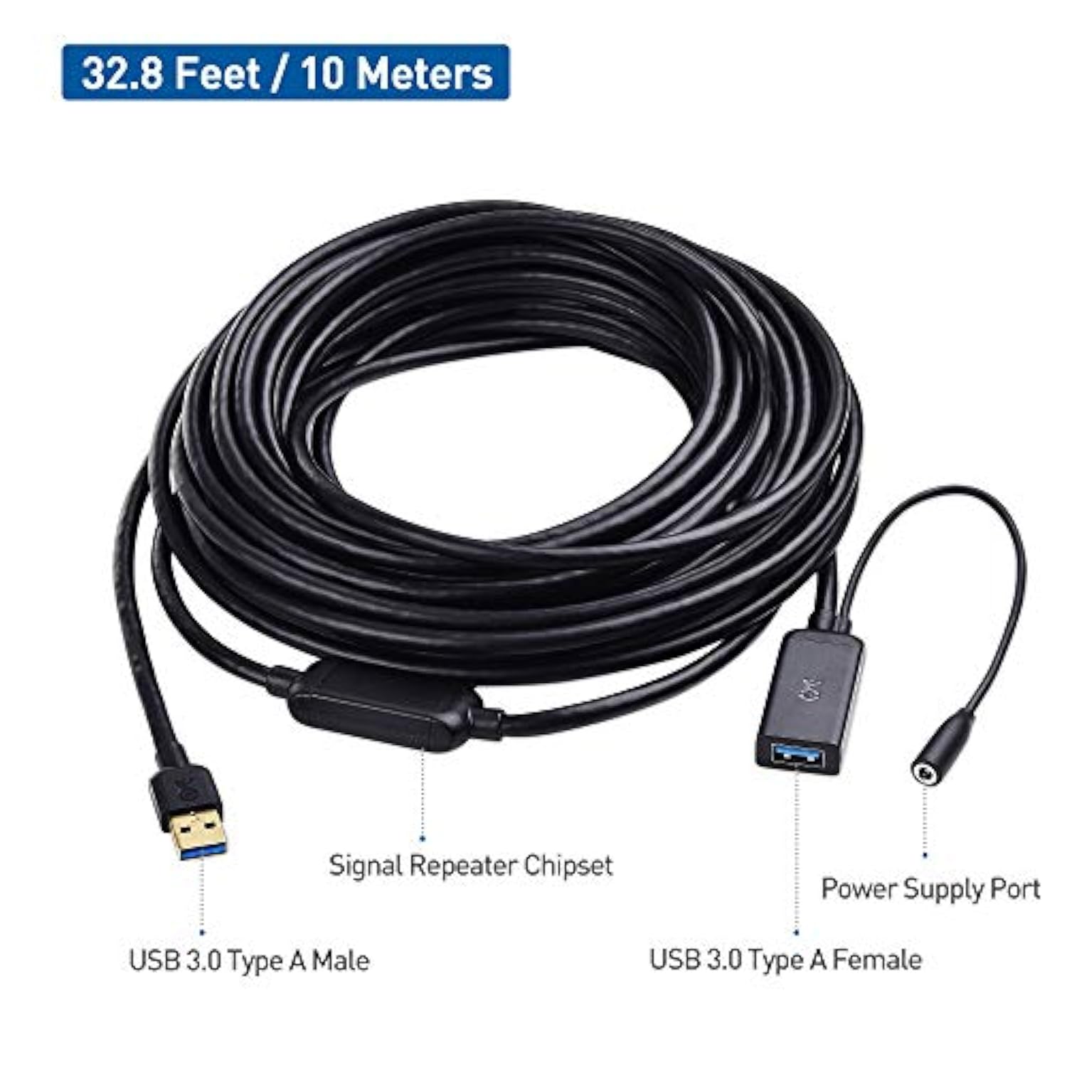 Cable Matters Active USB Extension Cable 32.8 ft / 10m (USB 3.0 Extension Cable Male to Female) with Signal Booster for Hard Drive, Webcam and More