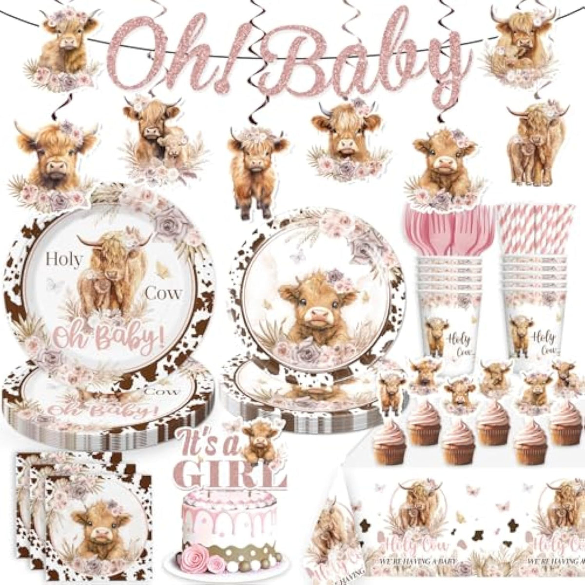 174Pcs Highland Cow Baby Shower Decorations Tableware, Serves 25 Guests, Cow Baby Shower Decorations Includes Banner Cake Topper Plates And Napkins Etc, For Girls Highland Cow Theme Party