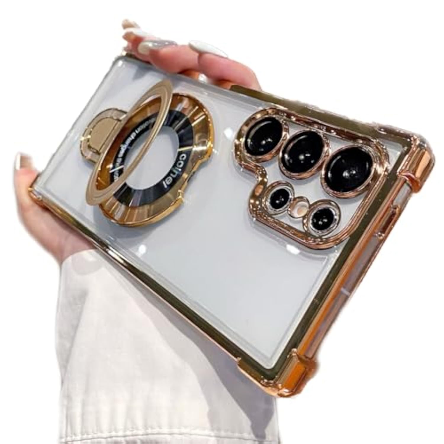 Samsung Galaxy S25 Ultra Clear Case with Magnetic Ring Stand, Compatible with MagSafe Shockproof Plating Soft Case Camera Lens Protector Thin Phone Cover for S25 Ultra 6.9 Inch Gold