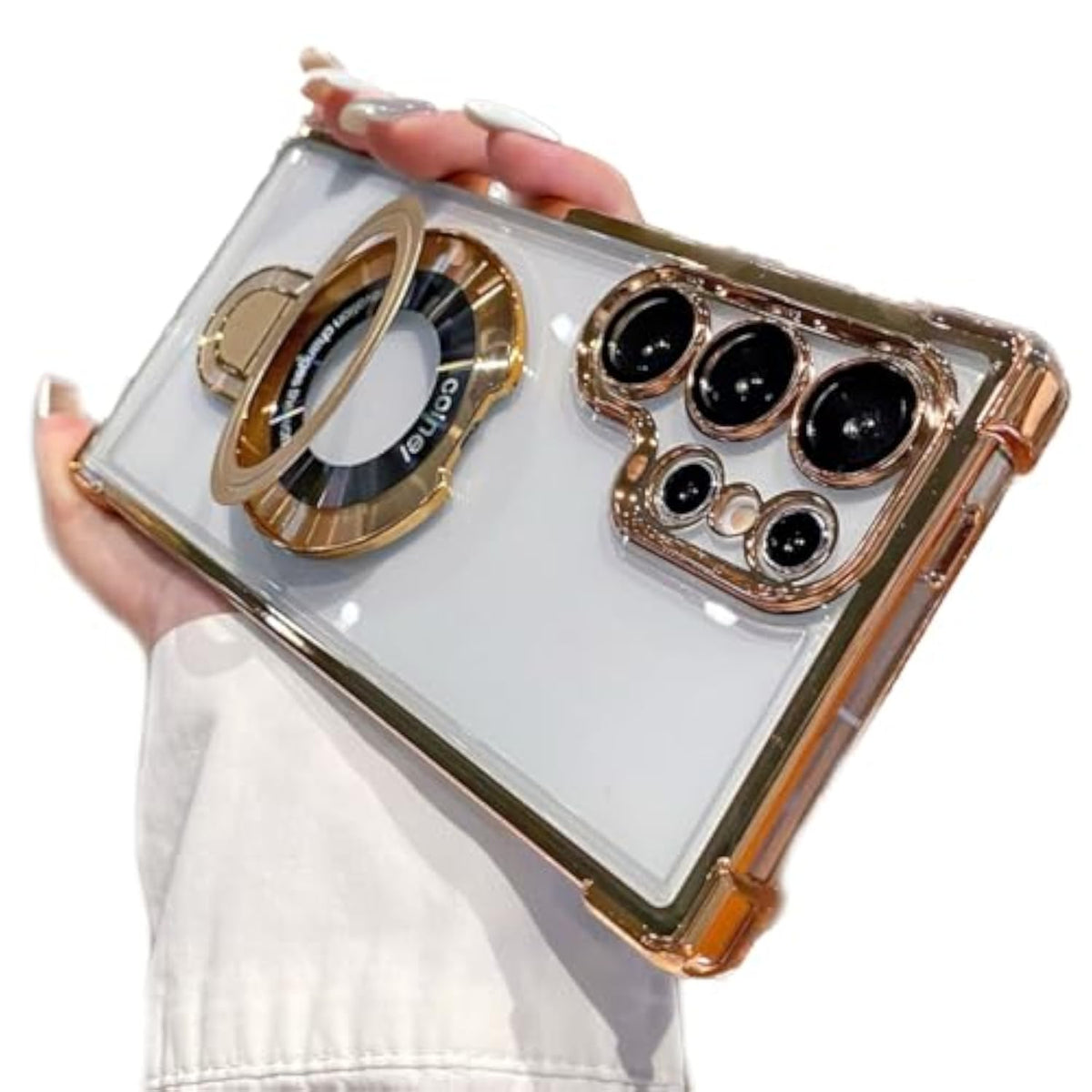 Samsung Galaxy S25 Ultra Clear Case with Magnetic Ring Stand, Compatible with MagSafe Shockproof Plating Soft Case Camera Lens Protector Thin Phone Cover for S25 Ultra 6.9 Inch Gold