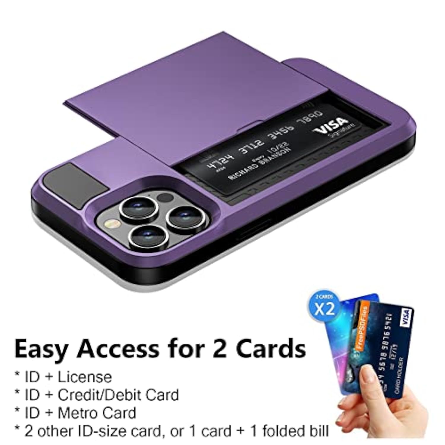 For Iphone 13 Pro Case Wallet Credit Card Holder Id Slot Sliding Door Hidden Pocket Men Women Anti-Scratch Dual Layer Hybrid Bumper Armor Protective Shell Back Cover 6.1 Inch Greypurple