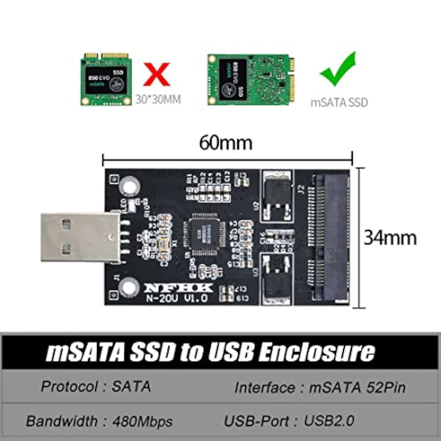 Cablecc Mini PCI-E mSATA to USB 2.0 External SSD PCBA Conveter Adapter Pen Dri
