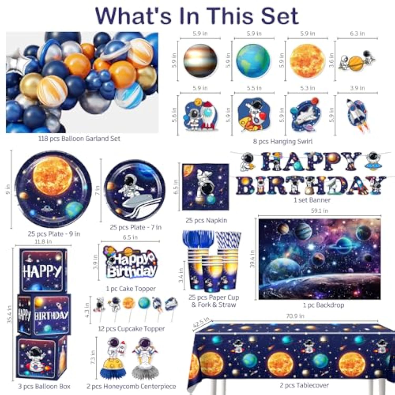 296Pcs Space Birthday Decorations, All-In-1 Party Pack, 25 Serves Disposable Tableware Set, Includes Balloon Boxes, Backdrop Tablecloth For Outer Astronaut Birthday Decorations