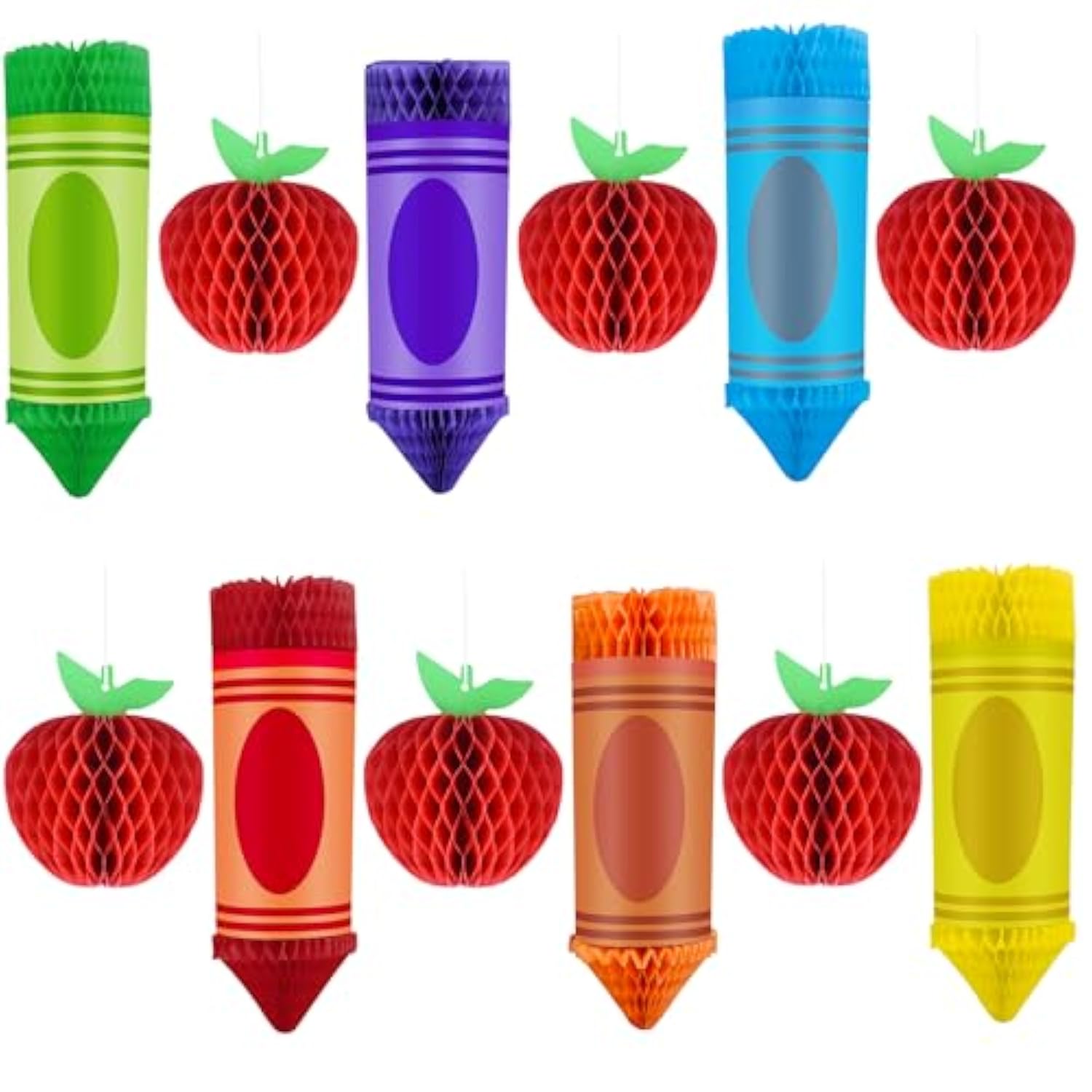 12Pcs Welcome Back To School Hanging Decorations 6 Crayon Hanging Honeycomb Back To School Classroom Decorations 6 Apple Honeycomb Tissue Paper Centerpieces Ceiling Decor For First Day Of School Party