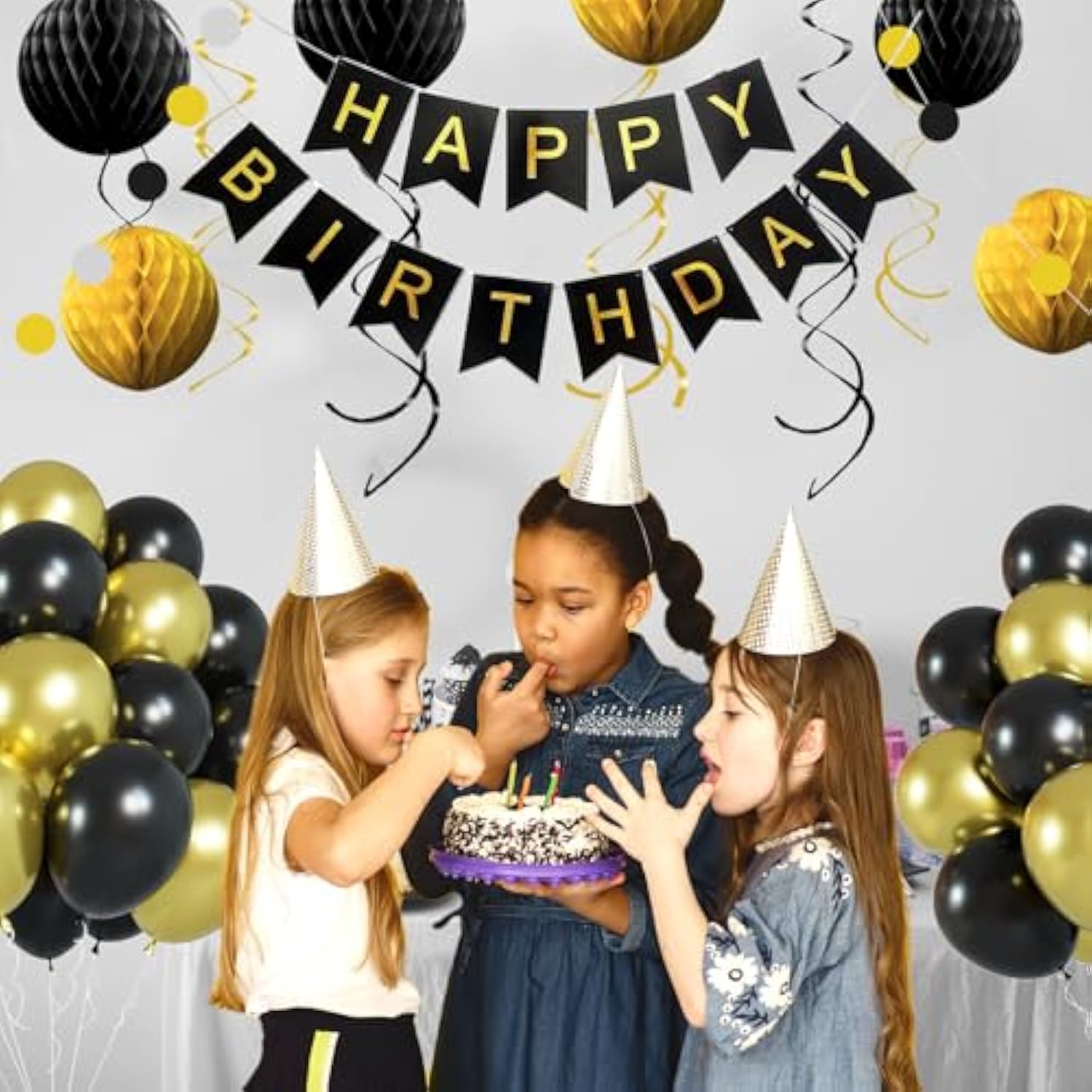 Black & Gold Birthday Decor Banner, Balloons, Honeycomb Balls & Streamers