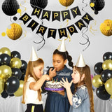 Black & Gold Birthday Decor Banner, Balloons, Honeycomb Balls & Streamers