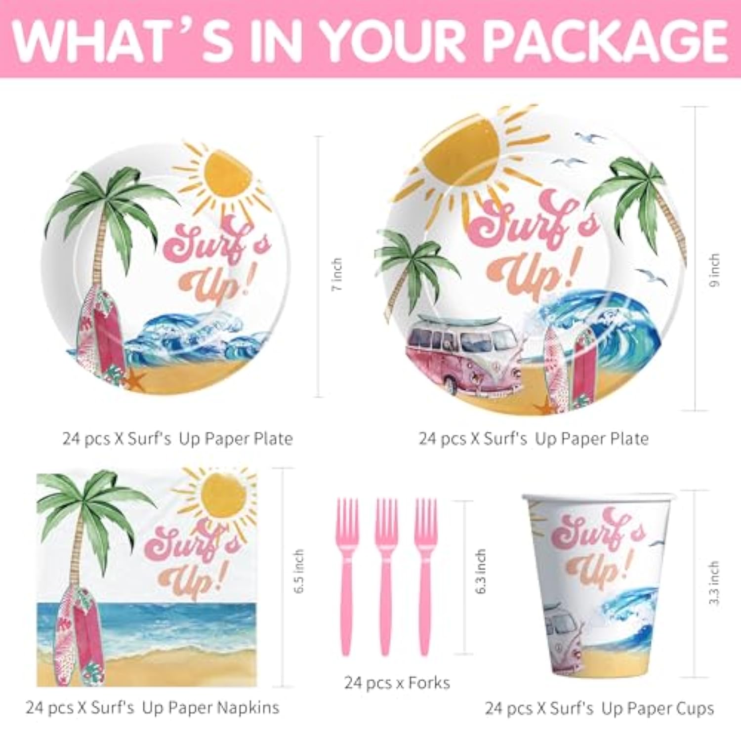 Surfs Up Birthday Plates And Napkin Party Decorations Tableware Girls - Pink Surf Party Supplies, Plate, Cup, Napkin, Fork, Summer Hawaiian Beach Wave Surfing Birthday Decorations | Serve 24