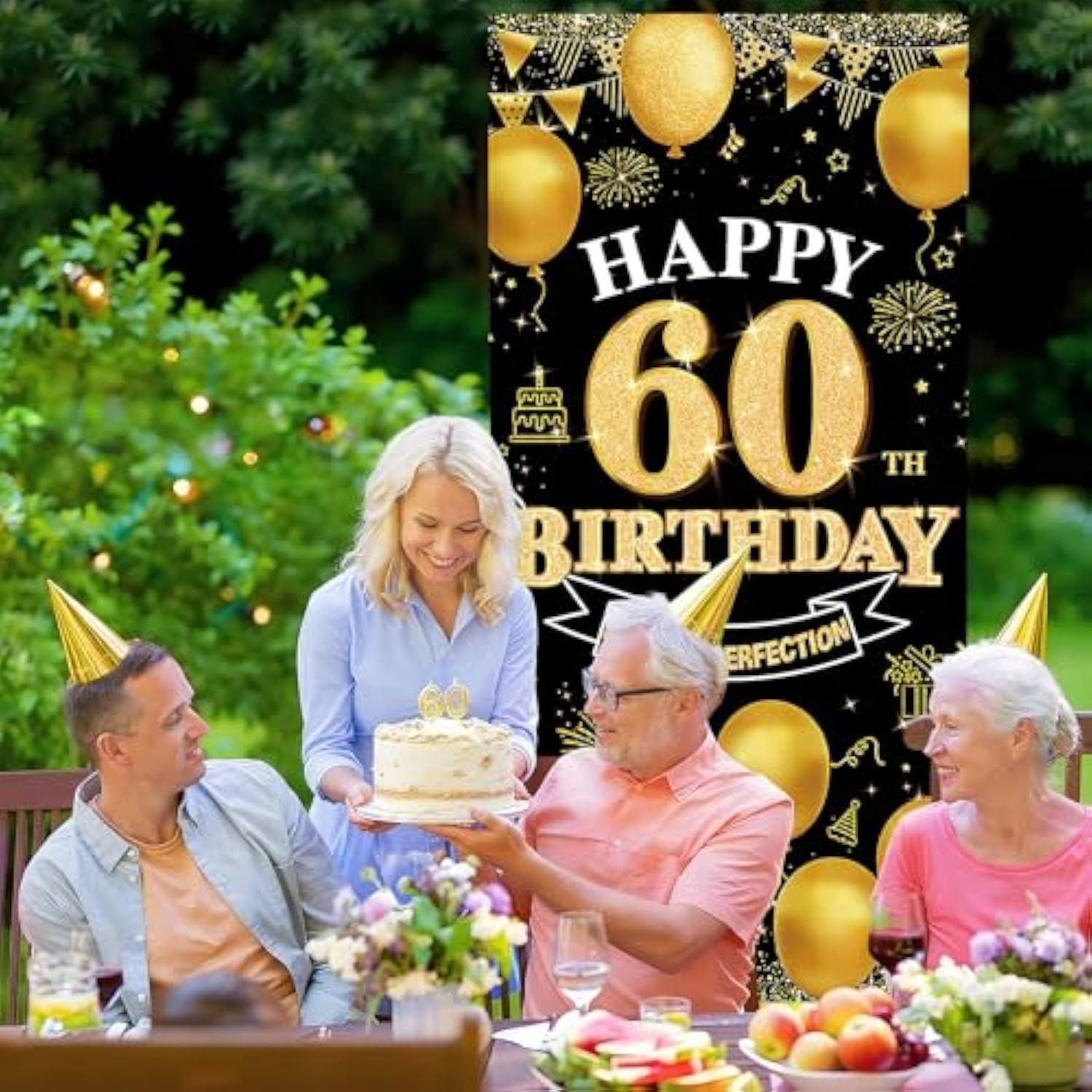 60th Birthday Decorations Black Gold Banner Backdrop for Indoor Outdoor Party