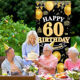 60th Birthday Decorations Black Gold Banner Backdrop for Indoor Outdoor Party