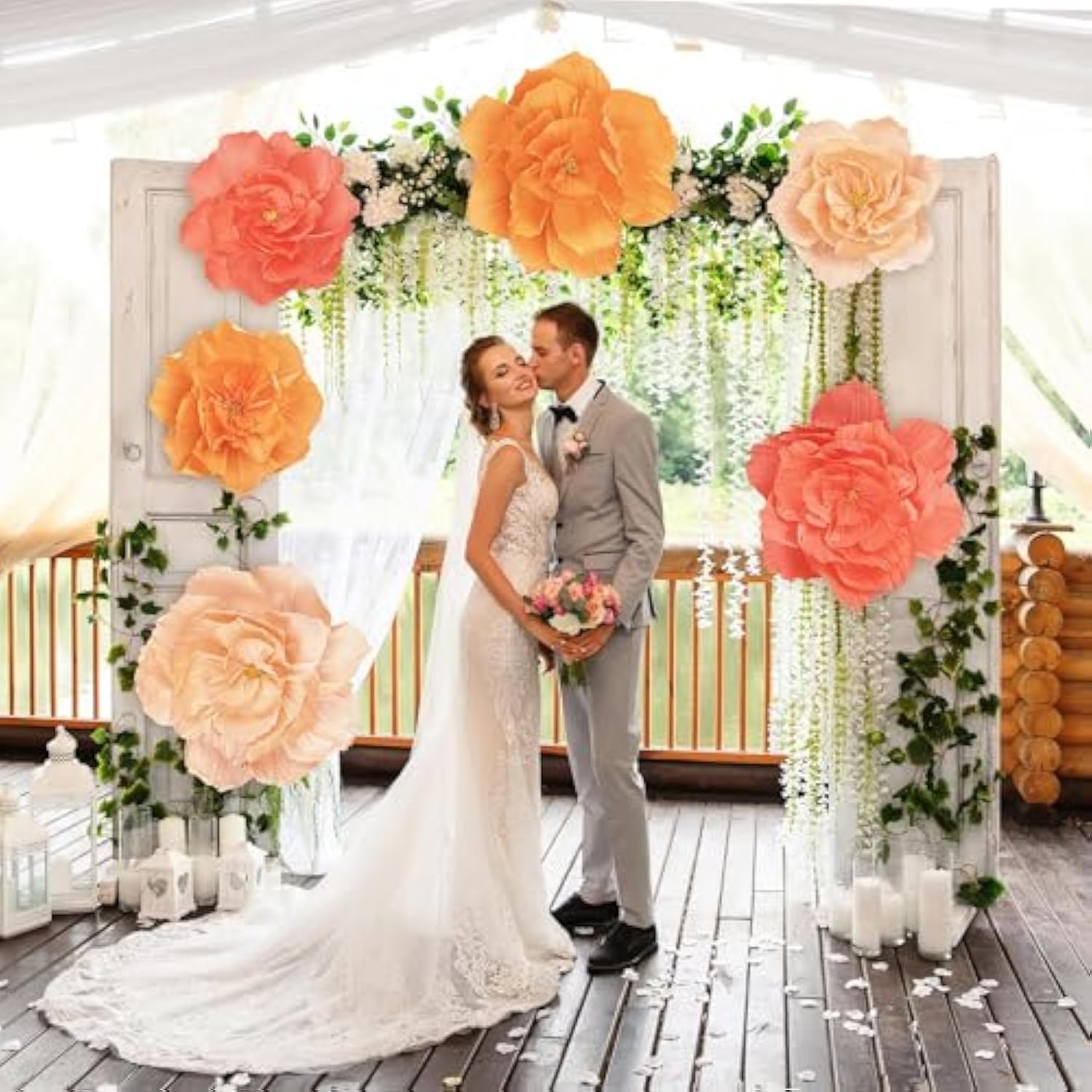 6 Pieces Large Paper Artificial Flowers 3D Crepe Tissue Flower Wall Decor For Wedding Birthday Bachelorette Bridal Shower Backdrop Table Centerpieces Party Supplies, Peach Pink, Ivory