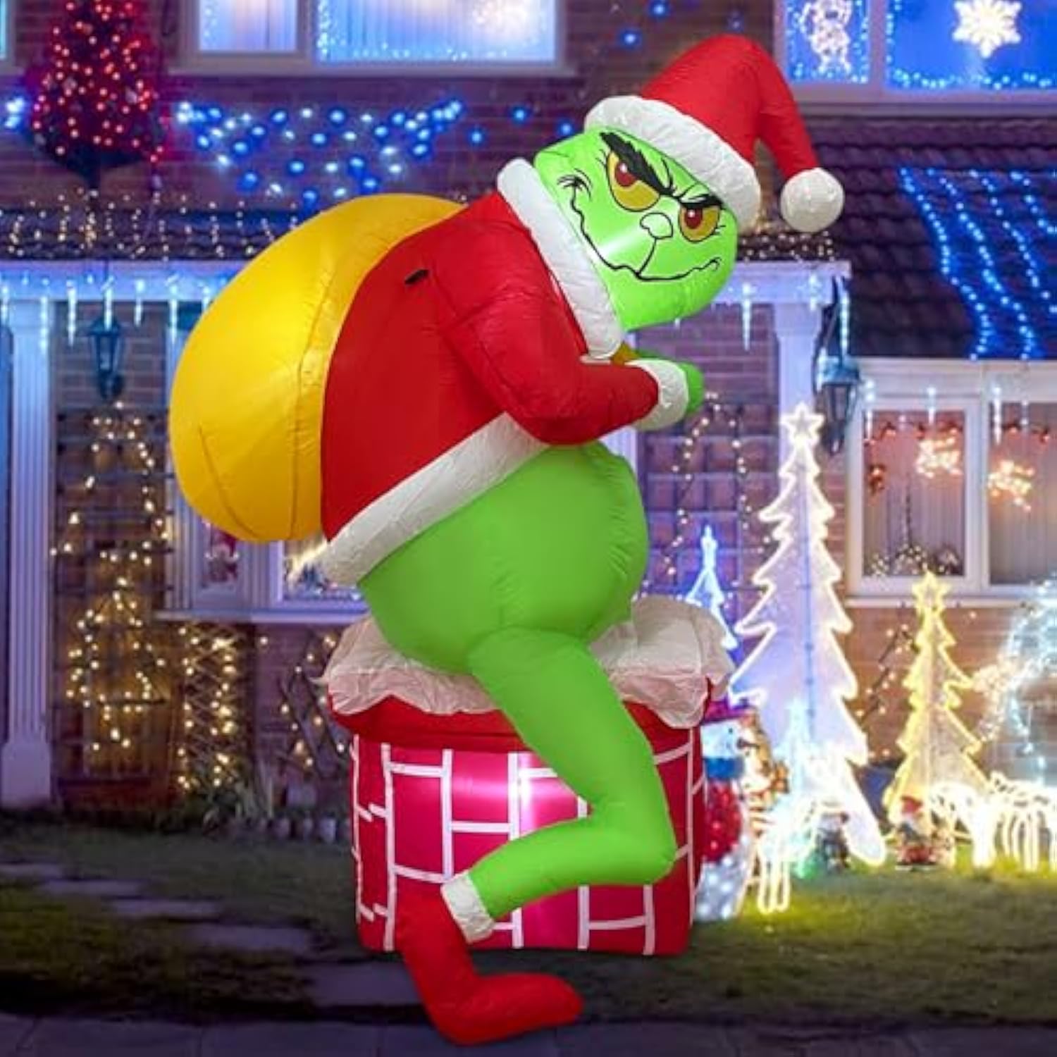 Christmas Inflatable G R In. Ch, Green Santa Chimney Inflatables Outdoor Decor, Blow Up Yard Decorations With Led Light,
