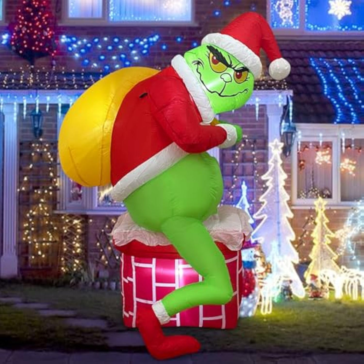 Christmas Inflatable G R In. Ch, Green Santa Chimney Inflatables Outdoor Decor, Blow Up Yard Decorations With Led Light,