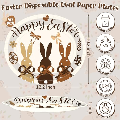50 Pcs Easter Oval Paper Plates, 12.2 X10.2 Inch Heavy Duty Disposable Plates, Brown Tone Bunny Egg Design Easter Decorations Platters, Spring Tableware for Family Gathering Holiday Party Supplies