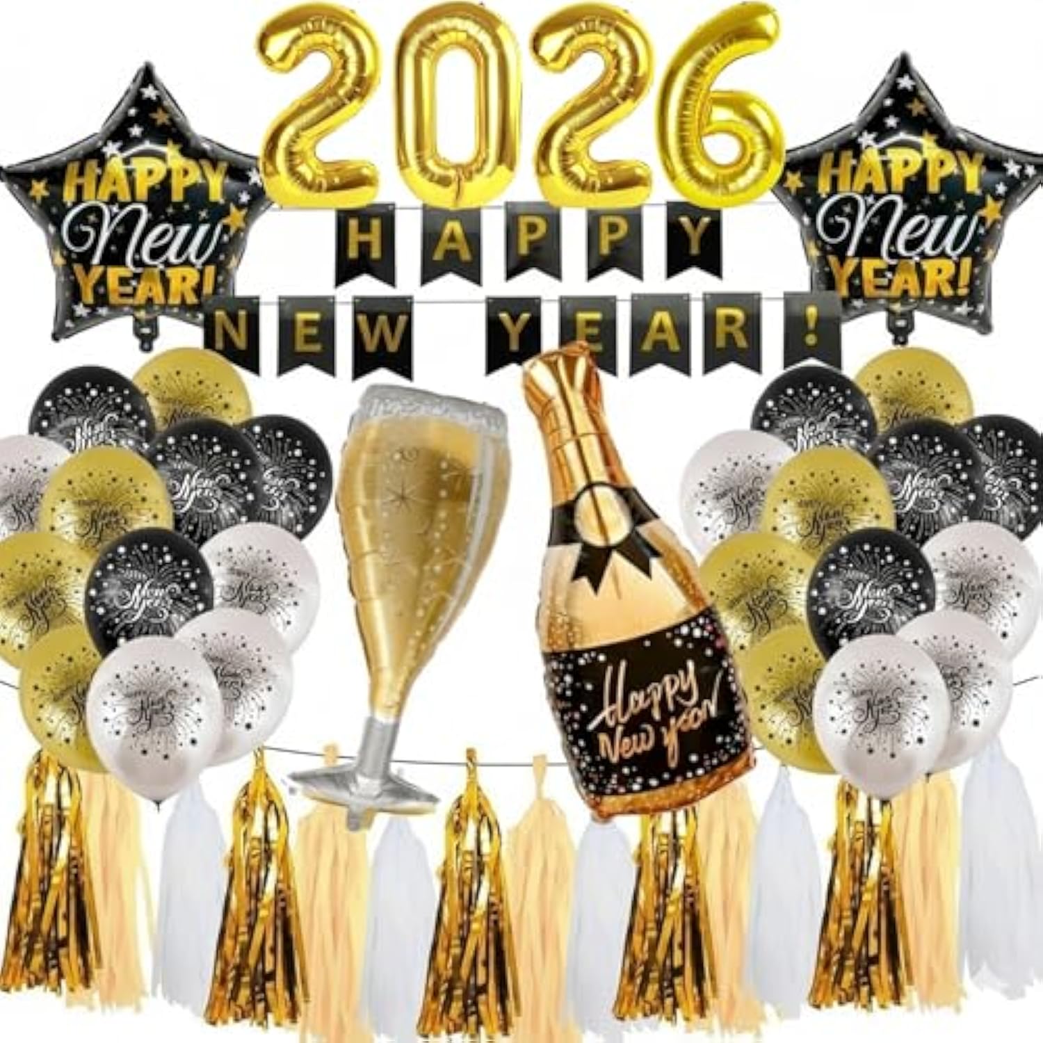 2026 New Year Balloon & Tassel Kit Gold Banner & Silver Latex Decor