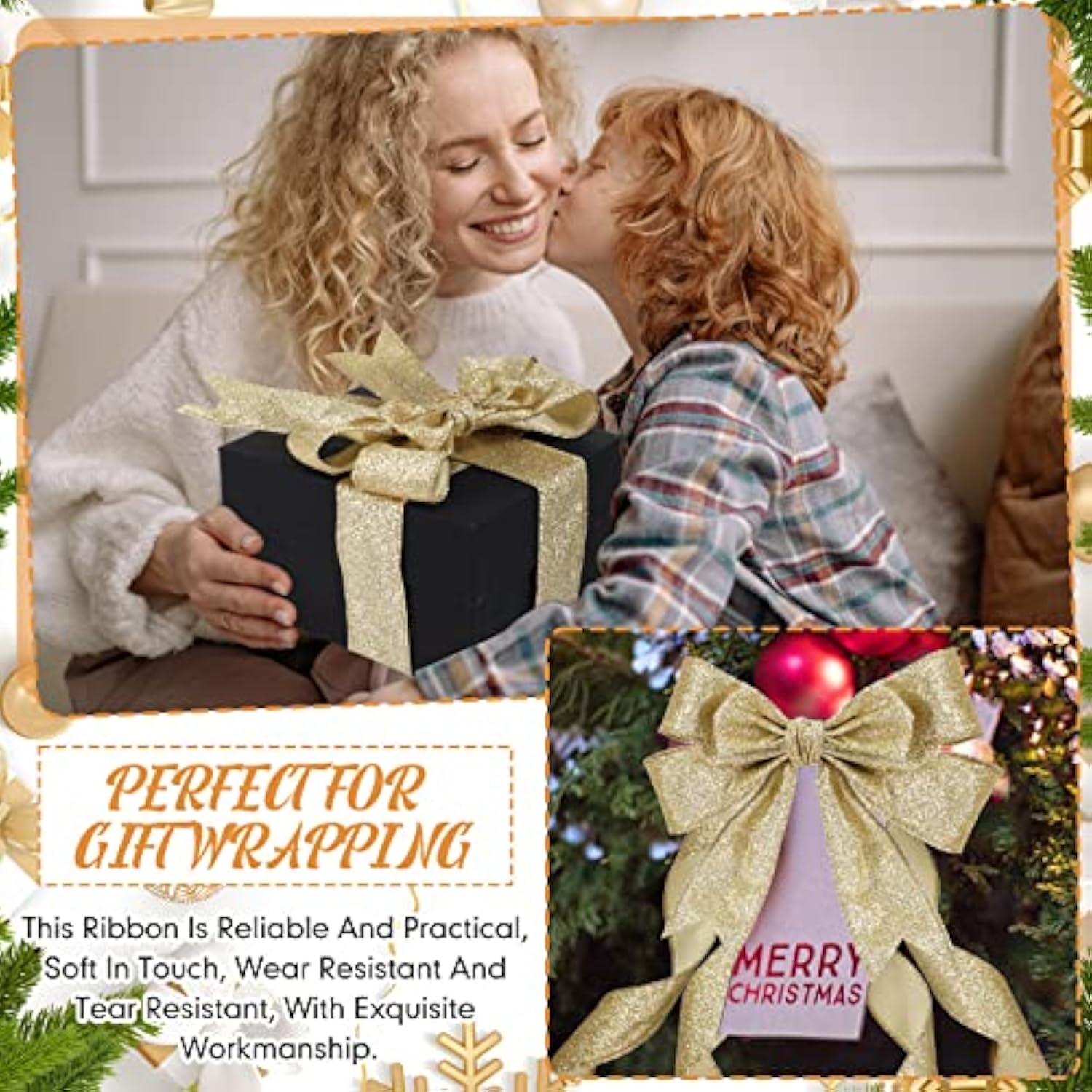 2 Roll 20 Yards Christmas Ribbon Wired Glitter Thick Ribbon Metallic W